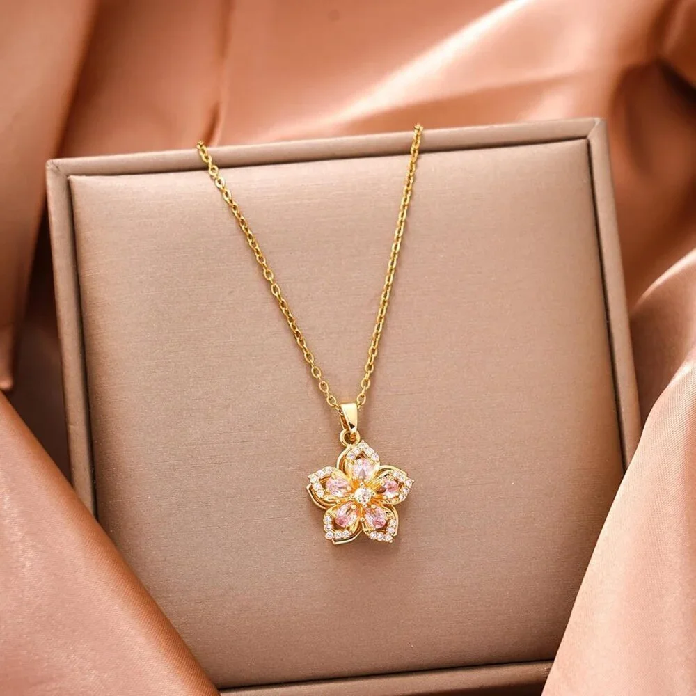 Gold Flower Fidget Necklace for Women - Rotatable Crystal Blossom Pendant